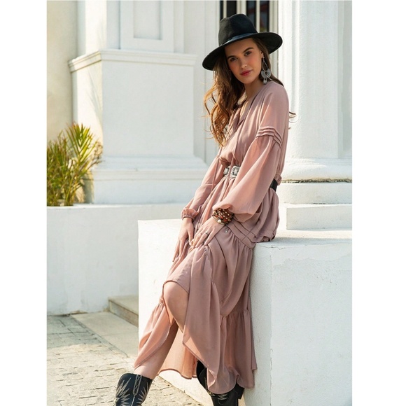 Pink Bohemian Maxi Dress Chiffon Neck Ties Long Sleeve Ruffle Hem Flowy - Picture 3 of 10